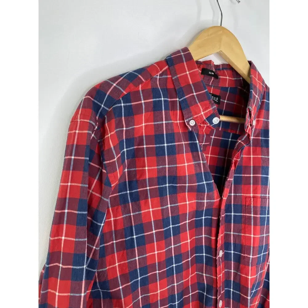 J.Crew Mercantile Flex Mens Plaid‎ Button Front Shirt Size L Slim Fit Red Blue